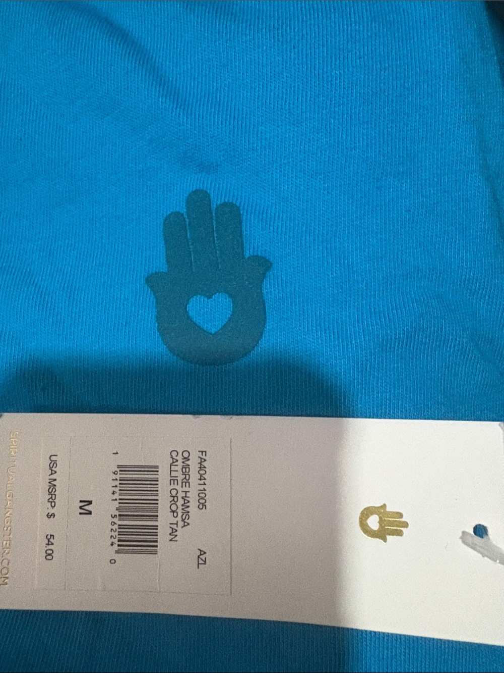 Spiritual Gangster Hamsa Callie Crop Muscle Tank Turquoise Blue MED NWT - Picture 3 of 4